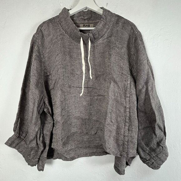 Flax Womens Revere Top Panama Linen Shirt Large Drawstring Pullover Black New - Picture 1 of 8